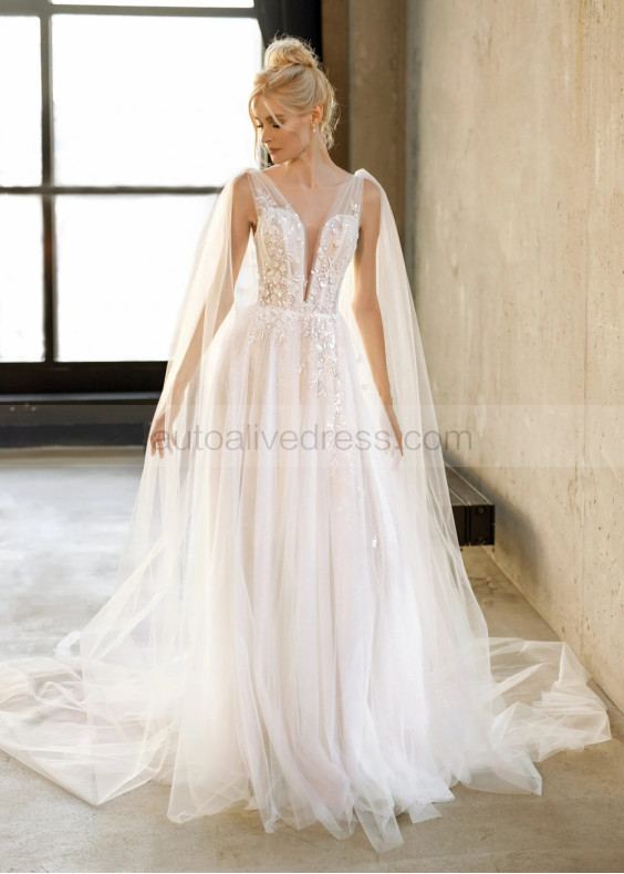 Ivory Sparkly Lace Tulle Stunning Wedding Dress